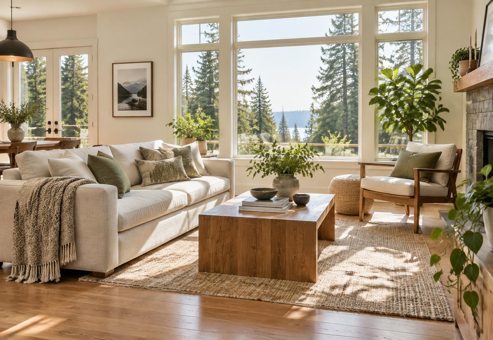 A bright, freshly cleaned living room with plants and large windows